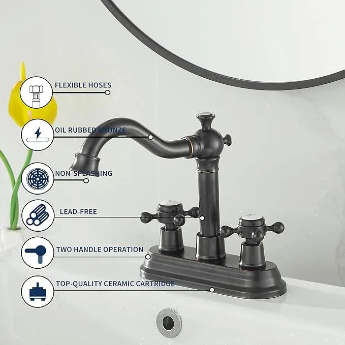 GGStudy Bathroom Faucet Oil Rubbed Bronze 2 Handles 4 Inches Centerset Bathroom Vanity with Drain Assembly and Supply Hose Lavatory Faucet - ModernBath