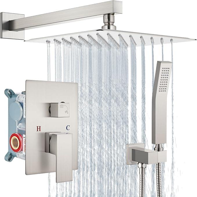 Aolemi Shower Faucet Set Rain Shower System with Handheld Spray Bathroom Shower Combo Rough-in Valve and Shower Trim Kit Included Brushed Nickel 12 Inch Wall Mount Shower Head - ModernBath