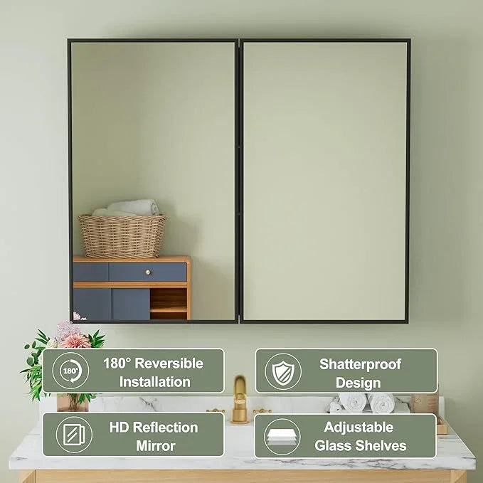 Buruis 36" x 30" Framed Medicine Cabinet with Mirror, Recessed or Wall Mounted Bathroom Cabinet, Adjustable Tempered Glass Shelves, Left/Right Open Reversible, No Assembly Required, Black - ModernBath