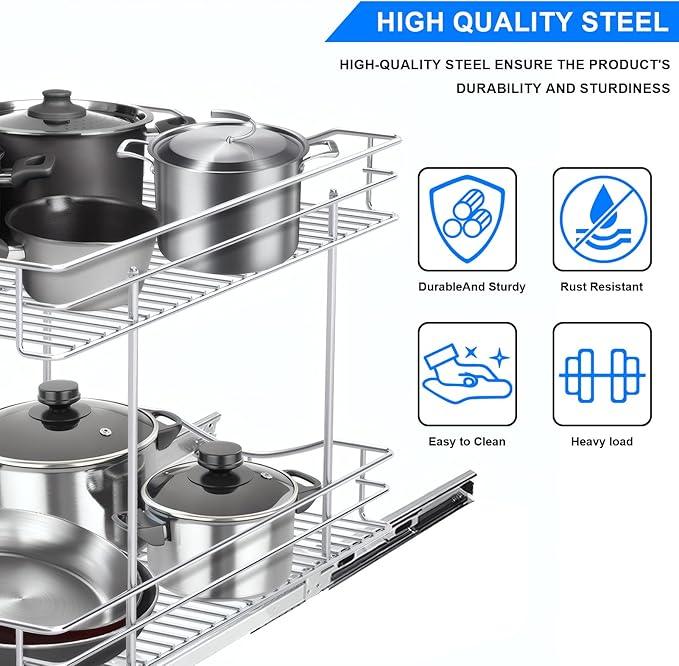 FULGENTE Chrome Finish 2 Tier (17" W X 18" D) Pull Out Drawer Cabinet Organizer Heavy Duty Slide Out Pantry Shelves Sliding Basket Storage For Home Kitchen Bathroom Under Sink Organization - ModernBath