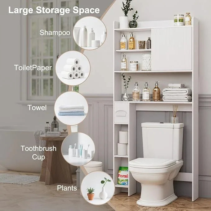 31.5" W Over The Toilet Storage Cabinet with Sliding Door, Bathroom Above Toilet Storage Cabinet with Adjustable Shelves, Toilet Paper Holder, Space Saver Cabinet for Bathroom, White - ModernBath