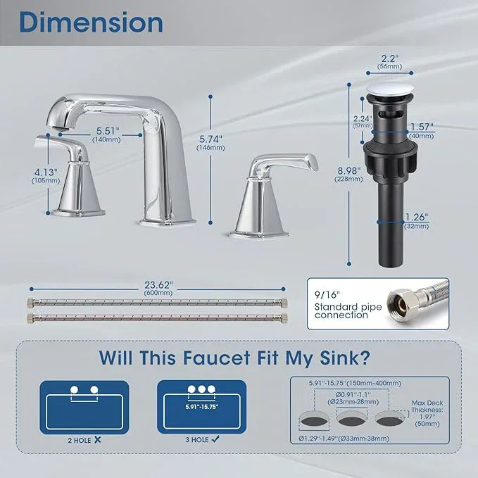 Widespread Bathroom Sink Faucet, Polished Chrome Bathroom Faucet 3 Hole，Brass Vanity Faucet with Pop Up Drain and 2 Supply Lines - ModernBath