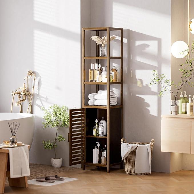 HITNET Bathroom Cabinet, Bamboo Floor Cabinet Freestanding Narrow Storage Unit with Removable Shelves, 6 Tier Tall Cabinet, Walnut - ModernBath