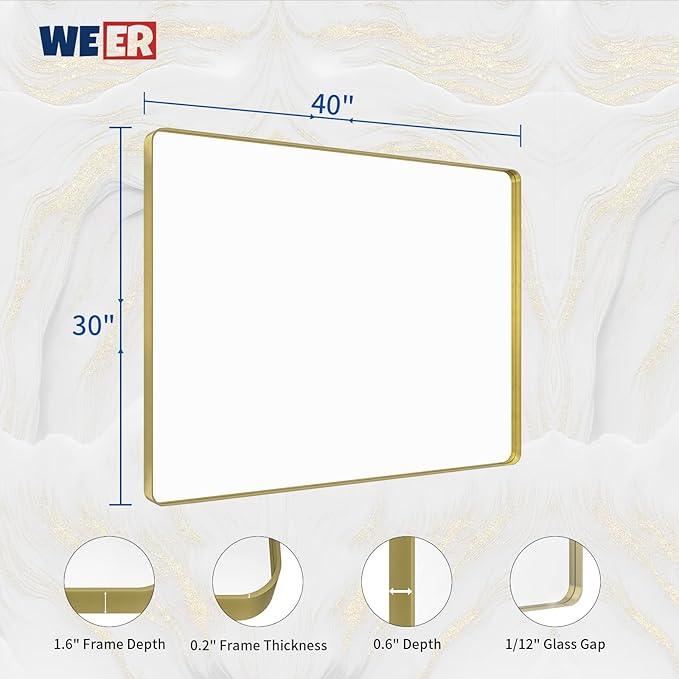 WEER Gold Bathroom Mirror, 40X30 Inch Brushed Gold Metal Frame Mirror, Rounded Rectangle Gold Bathroom Vanity Mirror for Wall, Tempered Glass, Anti-Rust, Hangs Horizontally or Vertically - ModernBath