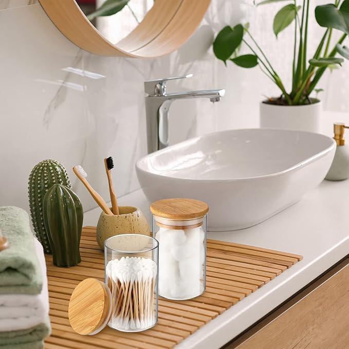 6 Pack Glass Apothecary Jars with Lids Bamboo Bathroom Accessories Cotton Balls Pads Swabs Holder Jar Bathroom Canisters for Vanity Accessories Storage - ModernBath