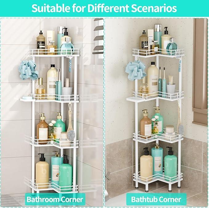 HapiRm Corner Shower Caddy Organizer - 4 Tier Shower Shelf Corner with Soap Holder, Rustproof Bathroom Standing Organizer with 4 Hooks, White - ModernBath