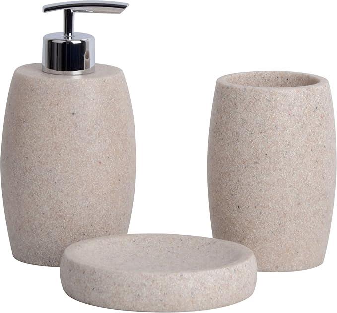 Clasin Home Beige Bathroom Accessories Set 3 PC, Resin Sandstone Look Soap Dispenser, Toothbrush Cup, Soap Dish, Bathroom Soap Dispenser Set for Home Decor and Kitchen - ModernBath