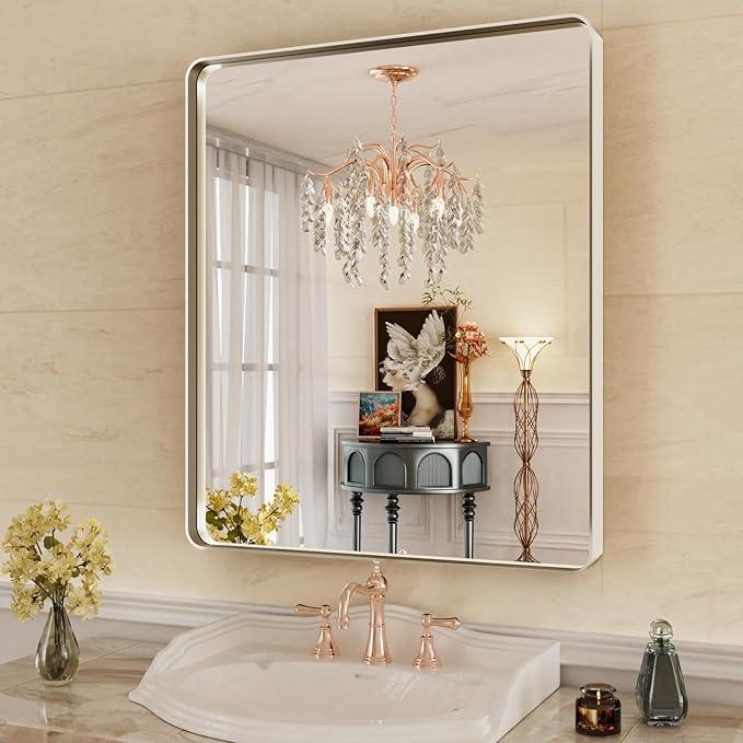 WEER 36X30 Inch Brushed Nickel Bathroom Mirror, Brushed Silver Metal Frame Mirror, Rounded Rectangle Silver Bathroom Vanity Mirror, Tempered Glass, Anti-Rust, Hangs Horizontally or Vertically - ModernBath