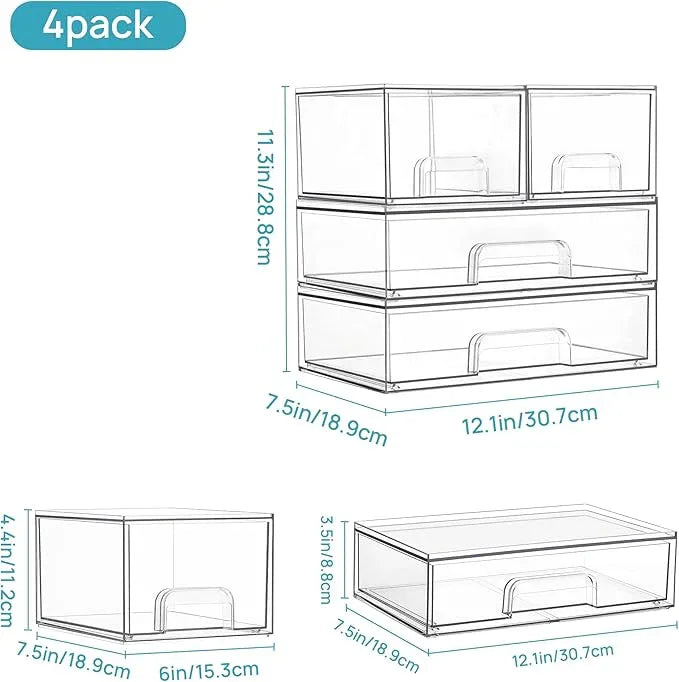 Vtopmart Stackable Storage Drawers Set of 4, Clear Plastic Organizer Bins for Bathroom Supplies,Ideal for Cabinet,Pantry,Laundry Room Organization - ModernBath