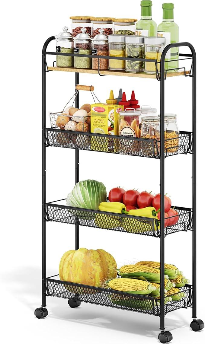 TOOLF 4-Tier Slim Rolling Cart, Metal Utility Cart, Slide Out Storage Cart with Wooden Tabletop and Mesh Baskets for Narrow Space on Kitchen Bathroom Laundry Room Bedroom Apartments Dormitory - ModernBath