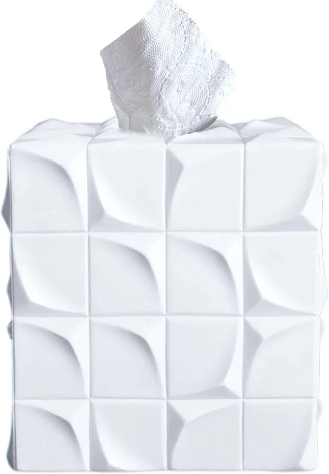 Huitony Square Tissue Box Cover Decorative Kleenex Box Holder for Bathroom & Living Room with Handcrafted Texture (White) - ModernBath