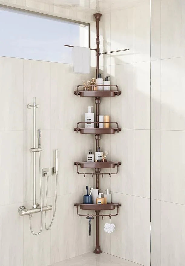 32-122inch Corner Shower Caddy Tension Pole Brown, Rustproof Drill-Free Shower Shelves for Bathroom Bathtub Washbasin, Adjustable Shower Organizer with 4 Tier Patent Stable Shelves & Towel Bars - ModernBath