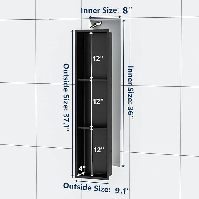 Qeke Stainless Steel Shower Niche 8" X 36", No Tile Needed Wall Niche Three-Tier, Recessed Shower Shelf for Bathroom Storage, Matte Black - ModernBath