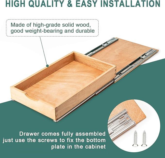 Pull Out Drawers for Kitchen Cabinets, Pull Out Cabinet Organizer, Fully Assembled Wood Cabinet Pull Out Drawer, Fast and Easy DIY Installation, 11”W x 21”D - ModernBath