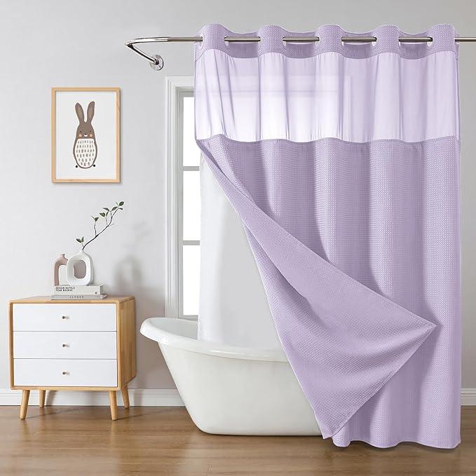 eachope Lavender No Hook Waffle Weave Shower Curtain with snap-in Liner Replacement, 230GSM Waterproof Fabric Hotel Shower Curtain Set for Bathroom, Through Mesh Top Window,71Wx77H - ModernBath