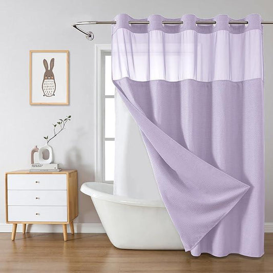 eachope Lavender No Hook Waffle Weave Shower Curtain with snap-in Liner Replacement, 230GSM Waterproof Fabric Hotel Shower Curtain Set for Bathroom, Through Mesh Top Window,71Wx77H - ModernBath