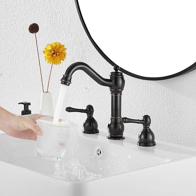 GGStudy 2 Handles 3 Holes Faucet Widespread Bathroom Sink Faucet Basin Tap Mixer Supply Hose Included Matching Pop Up Drain Oil Rubbed Bronze - ModernBath