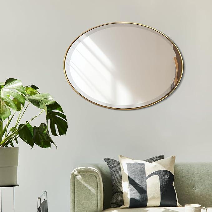 POZINO Brush Oval Vanity Mirror, 20"x28" Gold Mirror for Over Sink, Modern Rounded Mirrors with Stainless Steel Frame, Brass Beveled Mirrors for Bathroom Bedroom Living Room, Horizontal Or Vertical - ModernBath