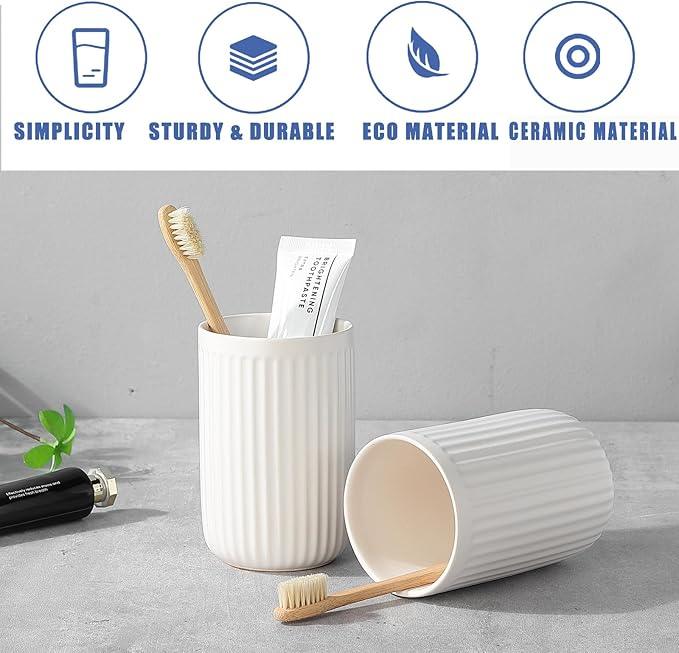 White Toothbrush Holders for Bathrooms - 2 Cups Ceramic Toothbrush Toothpaste Holders Set, White Bathroom Tumbler Cups Reusable Toothbrush Mouthwash Cup, Bathroom Counter Organizer. - ModernBath