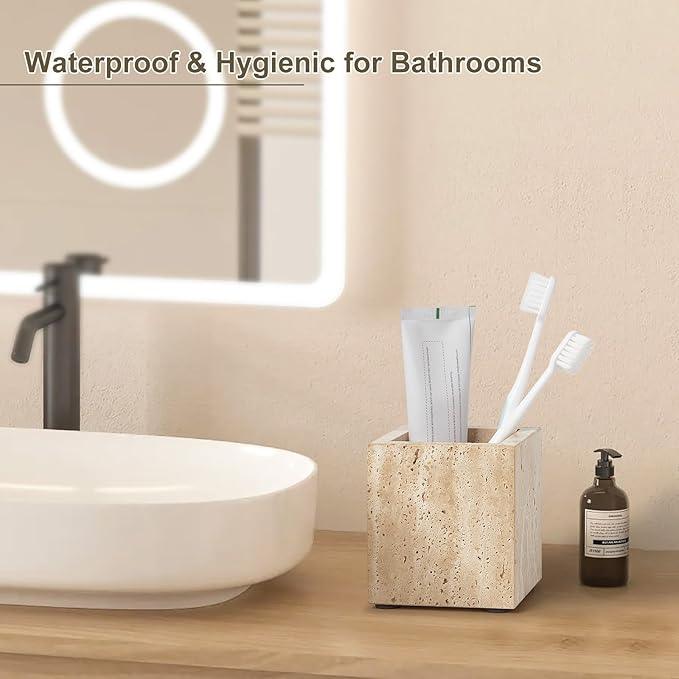 Real Natural Travertine Marble Toothbrush Holder & Pen Holder & Makeup Brush Holder & Utensil Holder, Genuine Stone Rectangular Bathroom Tumbler Cup, Durable Office & Home Countertop Organizer - ModernBath