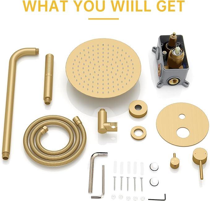 BESy Shower System with 10 Inch Round Rain Shower Head and Handheld Wall Mounted, High Pressure Rainfall Shower Faucet Fixture Combo Set with 2 in 1 Handheld Showerhead for Bathroom, Brushed Gold - ModernBath