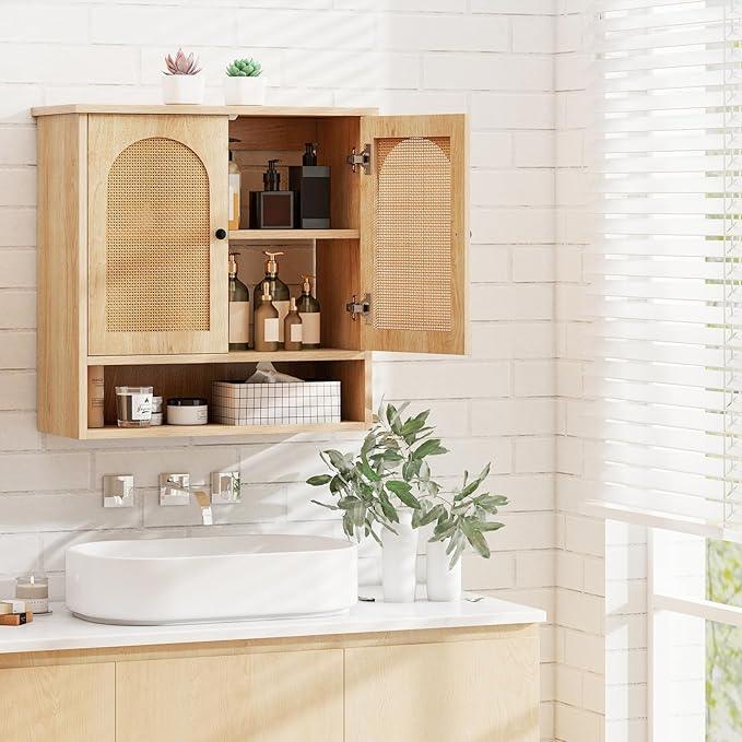 Tangkula Wall-Mounted Medicine Cabinet, with 2 Faux Rattan Doors & Adjustable Shelves, Open-Back Bathroom Cabinet Over The Toilet, Boho Hanging Storage Cupboard for Laundry Kitchen (No Back, Natural) - ModernBath