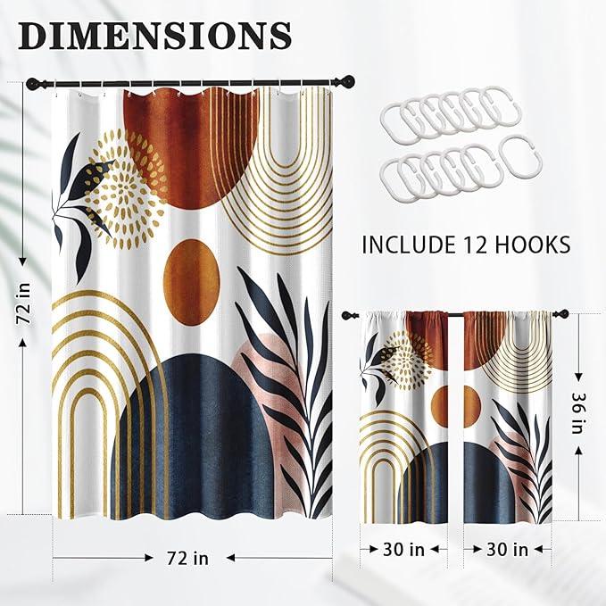 Culudea Boho Geometric Leaf Shower Curtain Set, Mid Century Sun Bohemian Bathroom Window Waffle Textured Cloth Waterproof Shower Curtains for Bathroom Decor - ModernBath
