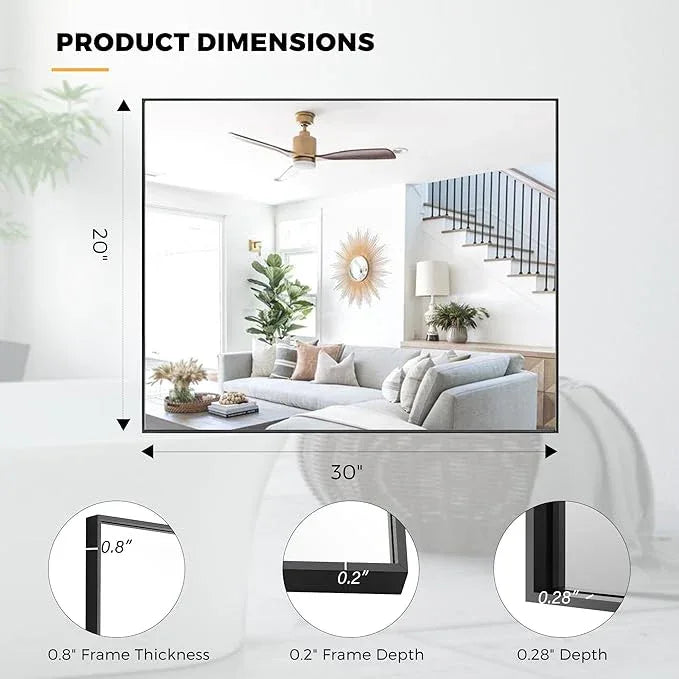 Bonverre 20x30 Inch Black Bathroom Mirror for Wall, Aluminum Frame Rectangle Rectangular Vanity Mirror, Modern Large for Bedroom, Living Room, Horizontal or Vertical - ModernBath