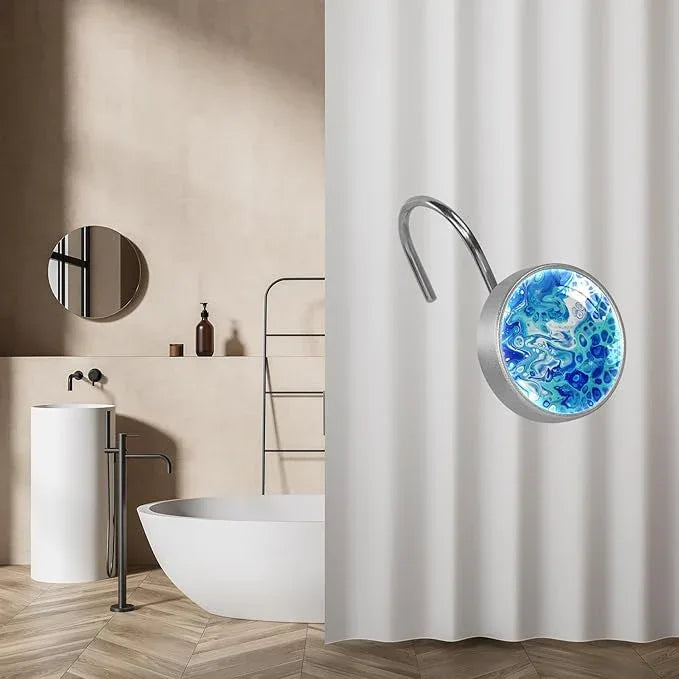 12 Pcs Decorative Shower Curtain Hooks, Rust Proof Glass Surface Stainless Steel Rings for Bathroom Bedroom Kitchen Home Bath Room Rods Decor (Turquoise Liquid Texture) - ModernBath