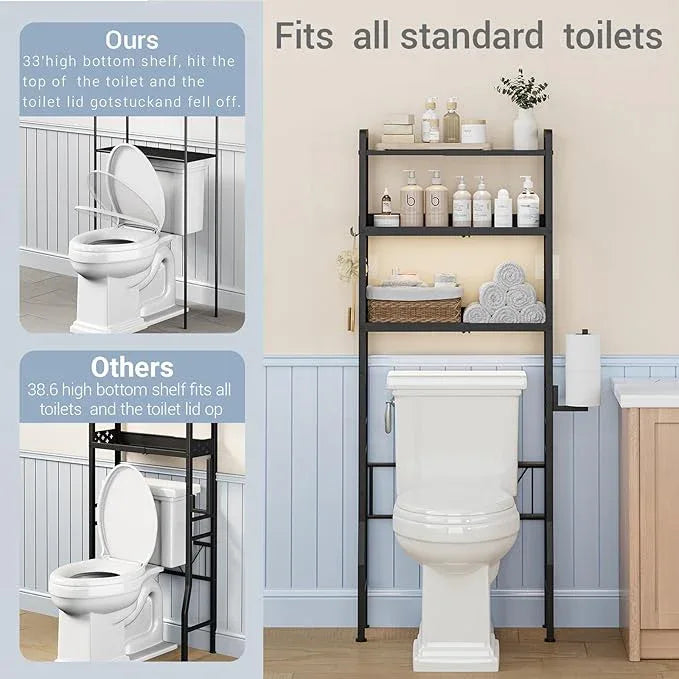 HEVONTIXAL Over The Toilet Storage Shelf, 3-Tier Metal Adjustable Bathroom Over Toilet Organizer with Toilet Paper Holder & Hooks,Space-Saving Toilet Storage Cabinet Option for Small Bathrooms, Black - ModernBath
