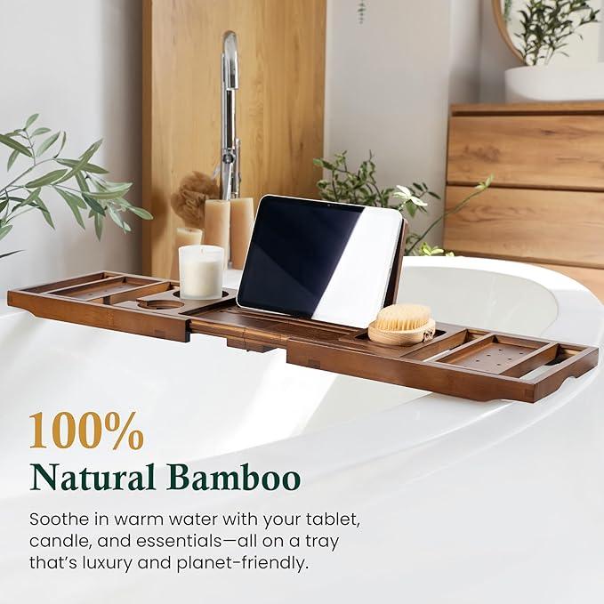 Realgulf Bamboo Bathtub Tray, Bath Caddy with Wine Glass Holder, Phone Dock & Book Stand | Hands-Free Reading & Ultimate Spa Relaxation Experience-Brown - ModernBath