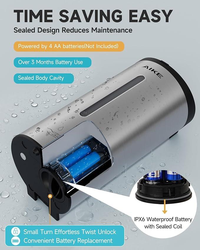 AIKE Automatic Wall Mount Liquid Soap Dispenser, Commercial Stainless Steel with 25oz Large Capacity Save Time Effort and Cost,Model AK1205(Brushed) - ModernBath
