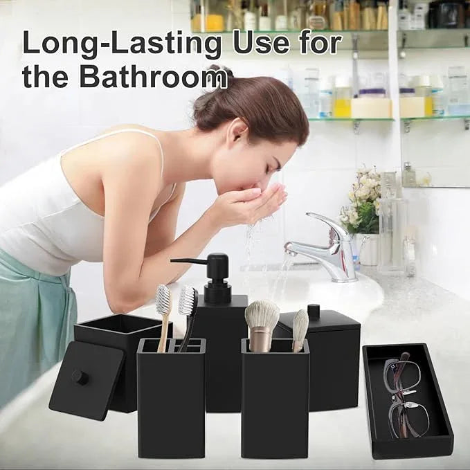 Black Bathroom Accessories Set Resin 6PCS, Square Toothbrush Holders Set Complete with Soap Dispenser, Vanity Tray, Tumbler, Cups and Cotton Swab Jars for Counter, Sink or Small Spaces - ModernBath