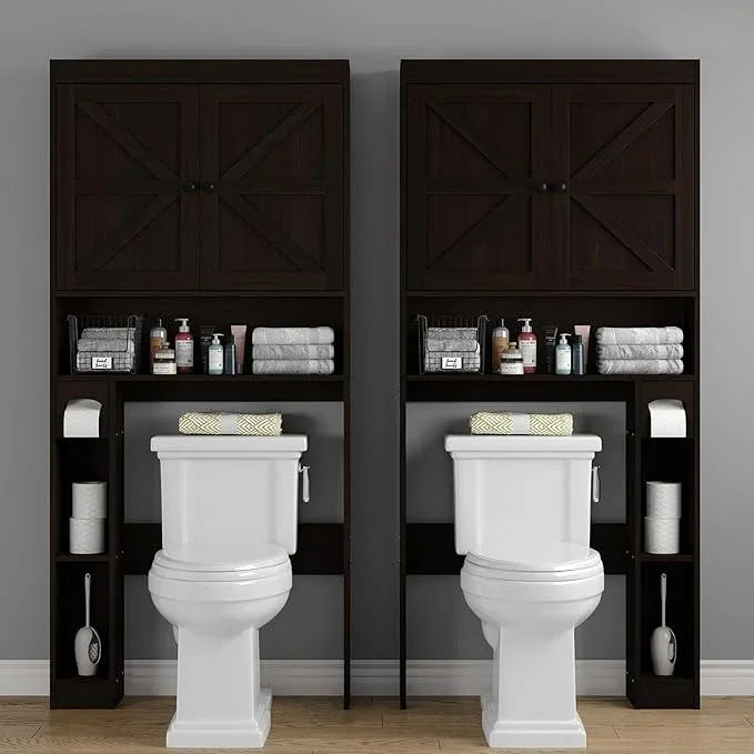 Furnideco 32.3''W Over The Toilet Storage Cabinet with Barn Doors, Over Toilet Shelf Farmhouse Storage Cabinet Space Saver with Toilet Paper Holder & Adjustable Bottom Bar, Espresso - ModernBath