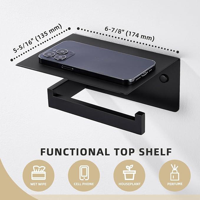 Angle Simple Toilet Paper Holder with Shelf Matte Black, 304 Stainless Steel Lavatory Tissue Roll Holder for Wall - ModernBath
