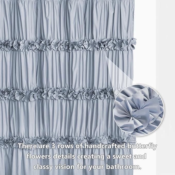 Homechoice Decor Fog Blue Ruffle Shower Curtain 72“ W x 84” H, Vintage Handcrafted Bow Tie Bath Curtain for Master Bathroom, Ruched Microfiber Bathroom Curtain with 12 Buttonholes (LQ-10) - ModernBath