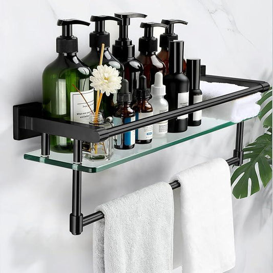 20-inch Glass Shelf with Towel bar, Matte Black-Finished Rail, Rectangular Stainless Steel Shelf, Wall-Mounted Storage Rack - ModernBath