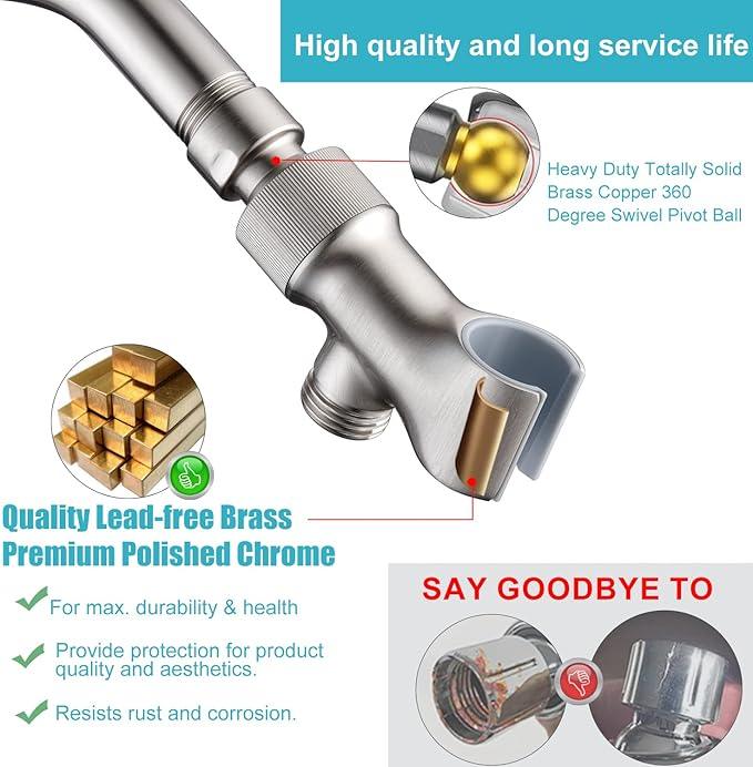 Shower Head Holder All Metal Adjustable Handheld Shower Arm Mount, 1/2" Shower Hose Holder Fits Most Hand Showerheads, Brass Hand Held Shower Head Holder , Easy to Install(Brushed Nickel) - ModernBath