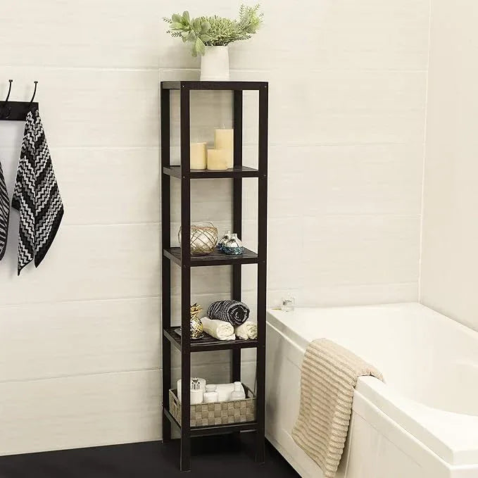SONGMICS Bamboo Storage Shelf, 5-Tier Shelving Unit, Multifunctional, in the Entryway, Bathroom, Living Room, Balcony, Kitchen, 13 x 13 x 57.5 Inches, Brown UBCB55Z - ModernBath