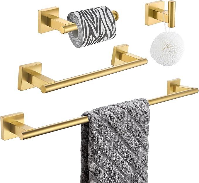 Suyar Brushed Gold Bathroom Accessories, SUS 304 Stainless Steel Bathroom Hardware Set 4 Pieces, Include Robe Hook, Toilet Paper Holder, Hand Towel Holder, Towel Bar, Wall Mount - ModernBath