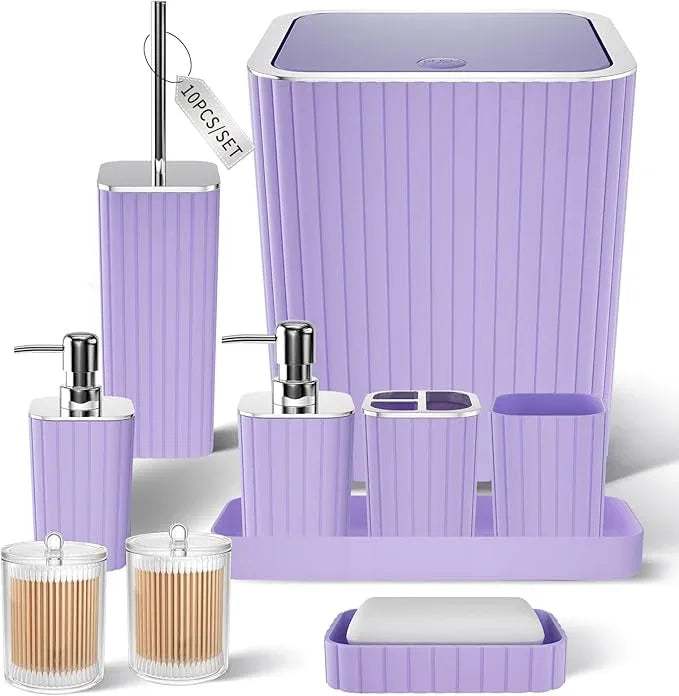 XLHOMO Bathroom Accessories Set - Gorgeous Purple Bathroom Set, 10PC Bathroom Accessory Set, Toilet Brush, Trash Can & Soap Dispenser - ModernBath