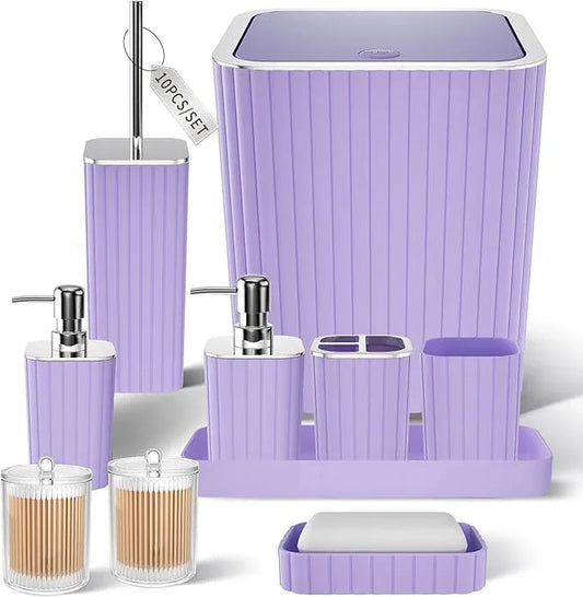 XLHOMO Bathroom Accessories Set - Gorgeous Purple Bathroom Set, 10PC Bathroom Accessory Set, Toilet Brush, Trash Can & Soap Dispenser - ModernBath