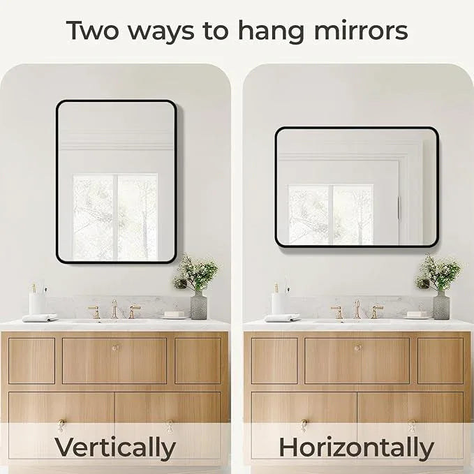 USHOWER Black Bathroom Mirror for Over Sink 22 x 30 Inch, Matte Black Rectangle Mirror for Wall, Rounded Metal Frame Vanity Mirror - ModernBath