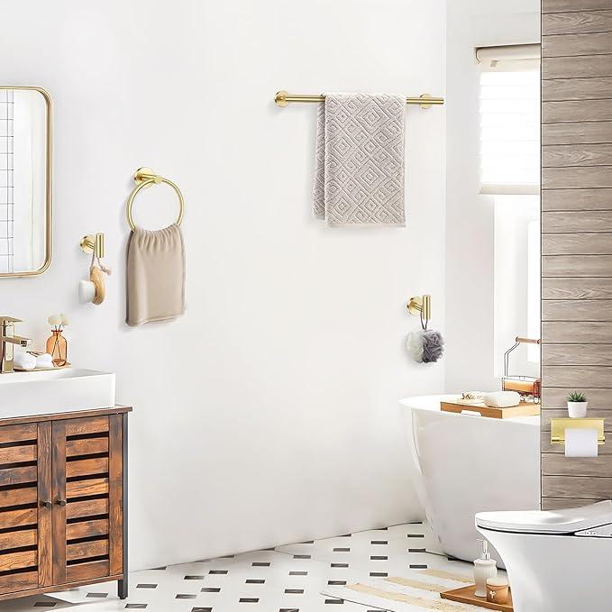 TQKAG 5 Piece Bathroom Towel Bar Holder Sets Brushed Gold Bathroom Hardware Set Stainless Steel Toilet Paper Holder with Shelf Bathroom Accessories Kit Wall Mounted - ModernBath