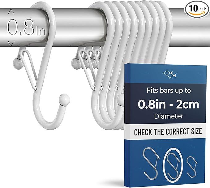 Blau Marité 10-Pack Metal S Hooks for Hanging – Heavy-Duty S-Shaped Hooks with Safety Buckle – Fits Bars up to 0.8 in – Anti-Drop S-Hooks for Kitchen, Bathroom, Closet & Pot Racks – White (Medium) - ModernBath