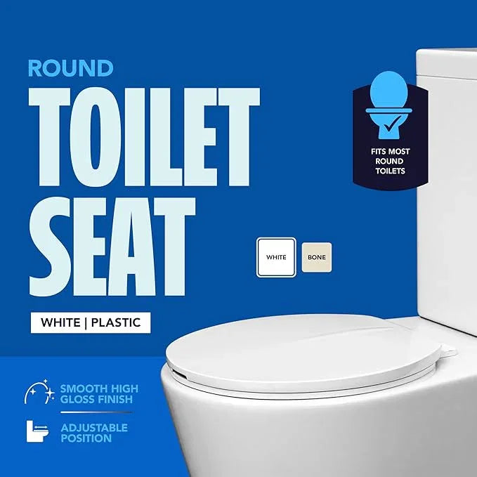 HIGHCRAFT Premium Round Toilet Seat with Adjustable Hinges - Molded Plastic Toilet Seat - Fits Standard Round Toilets - Round Seat in White - ModernBath