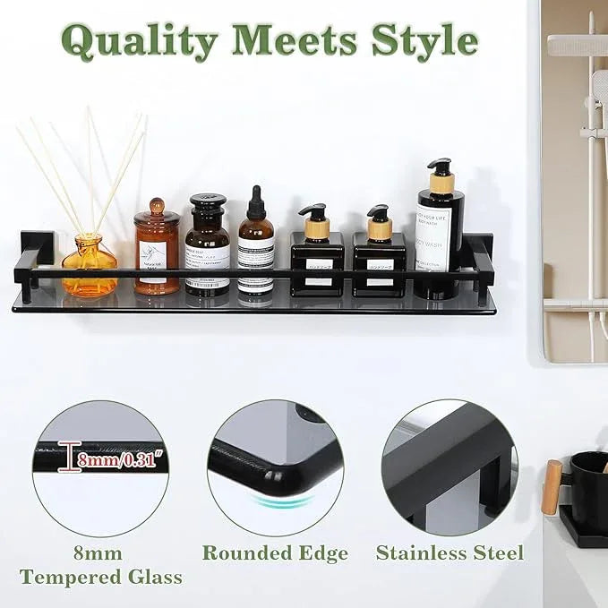 Alise Bathroom Shelf Wall Mounted, Matte Black Large Capacity Glass Shelf for Bathroom, 24 inch - ModernBath