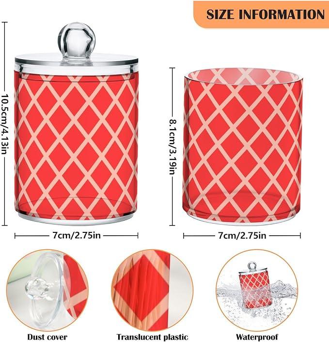 Tatenale Qtip Holder Bathroom Set Q tip Cotton Ball Swab Pad Dispenser Container Organizer Plastic Jars with Lids Storage 2Pack Red Square Rhombuses Mosaic Grid - ModernBath