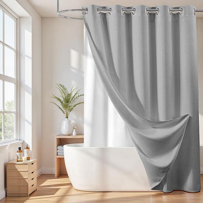 River Dream Extra Long No Hook Shower Curtain with Snap in Liner, Cotton Blend Shower Curtains for Bathroom, Hotel Grade, Water Repellent, Grey, 71" Wx86 L - ModernBath