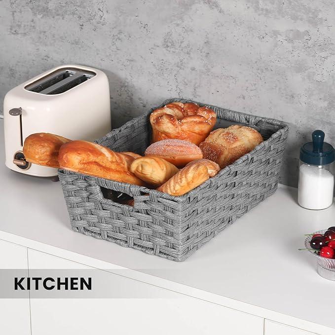 Onlytak Large Wicker Storage Basket, Metal Frame, Set of 2, Washable Waterproof, 15" x 10.3" x 5.2", Grey Color, Woven Basket for Pantry, Toilet, Bathroom, Bedroom, Patio - ModernBath